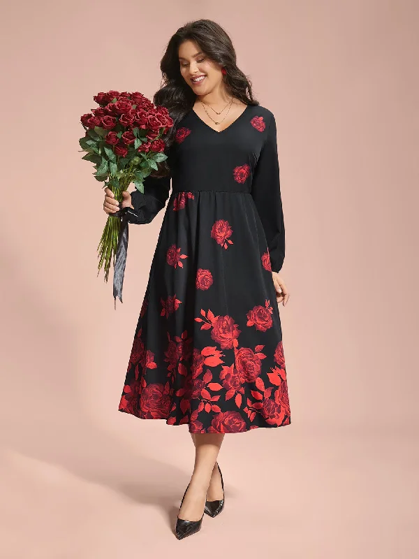 knit dressRose Print Waist-Cinched Midi Dress