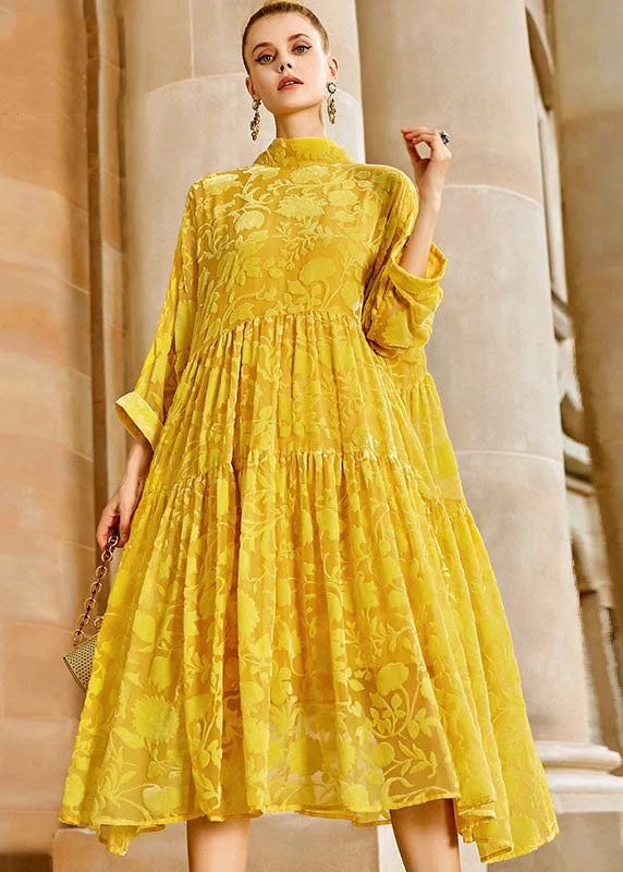 wrap-around dressElegant Yellow Wrinkled Bow Silk Velour Patchwork Long Dress Long Sleeve