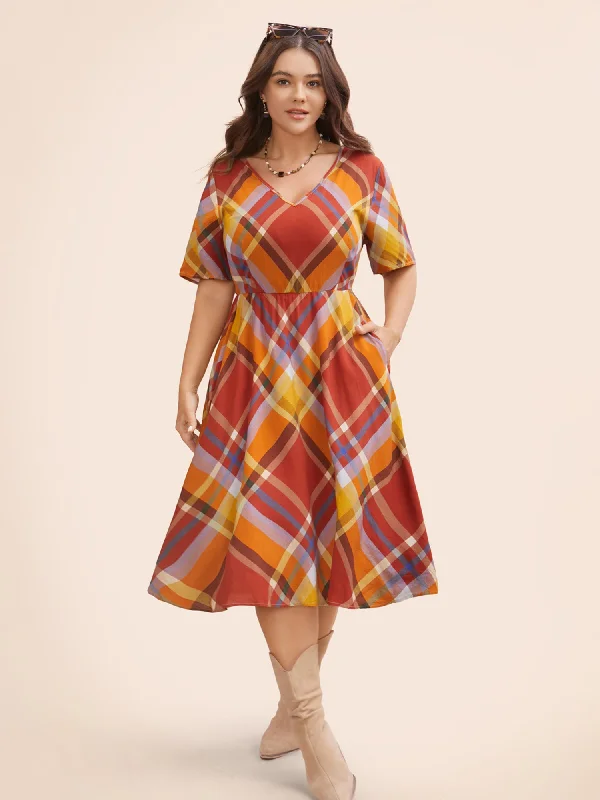 bodycon dressV Neck Plaid Ruffle Sleeve Dress