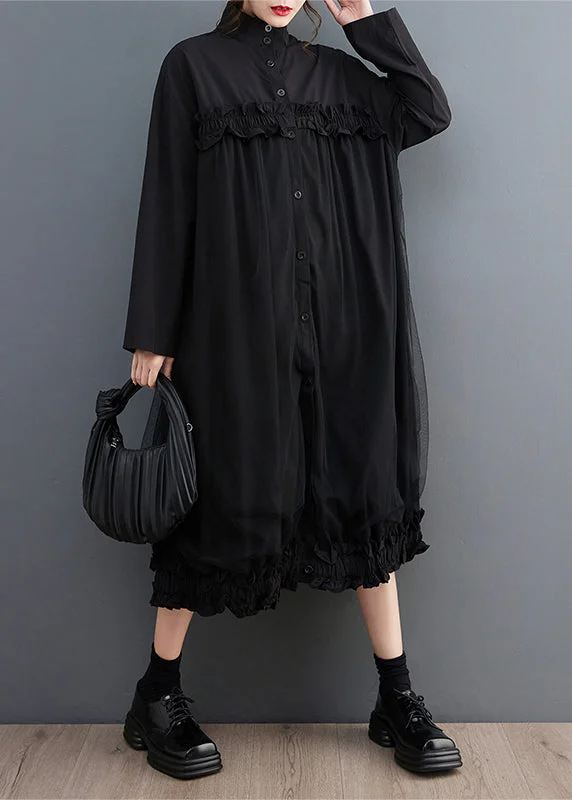 A-line dressBlack Tulle Button Patchwork Shirts Dress Stand Collar Long Sleeve