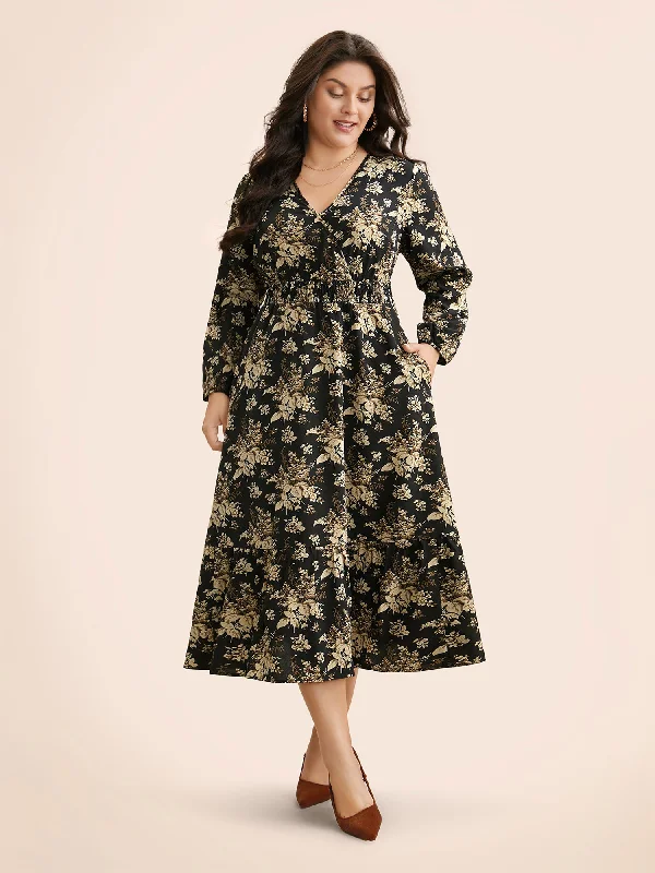 sophisticated dressFloral Overlap Collar Shirred Midi Dress