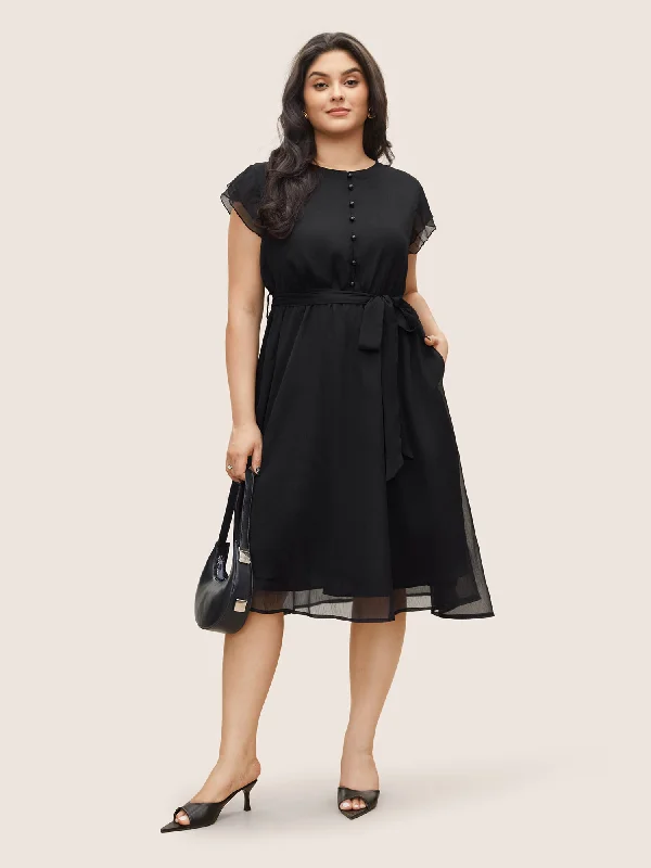 long sleeve dressSolid Mesh Belted Ruffle Cap Sleeve Dress