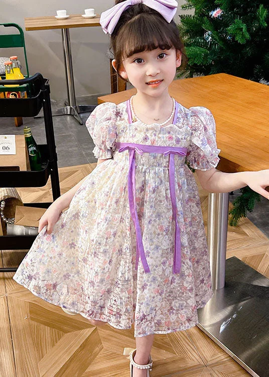 mini dresslight Purple Print Patchwork Tulle Baby Girls Dress Wrinkled Summer