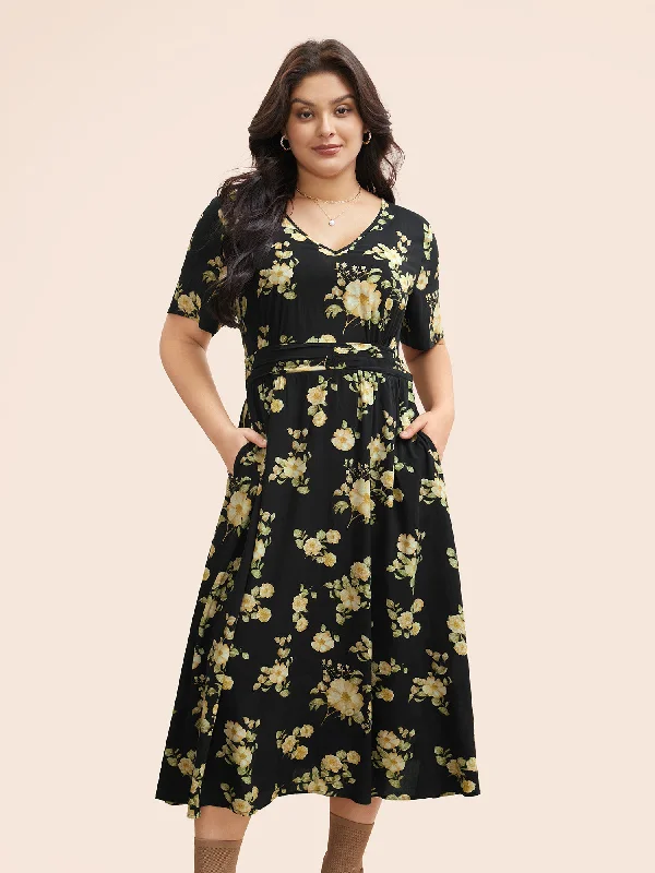 velvet dressFloral Gathered Shirred Flutter Sleeve Dress