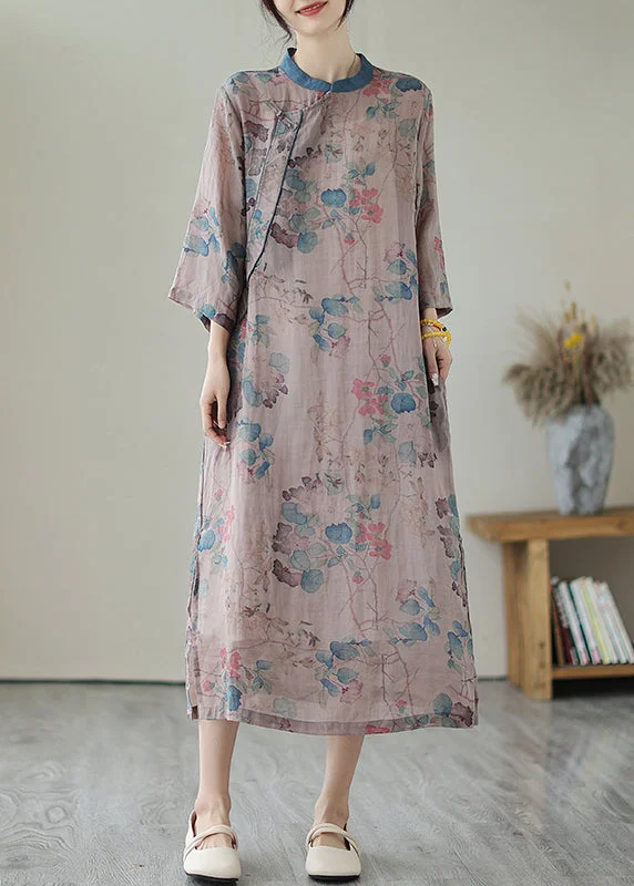 flowy maxi dressRetro Purple Grey Print Side Open Linen Long Dresses Summer