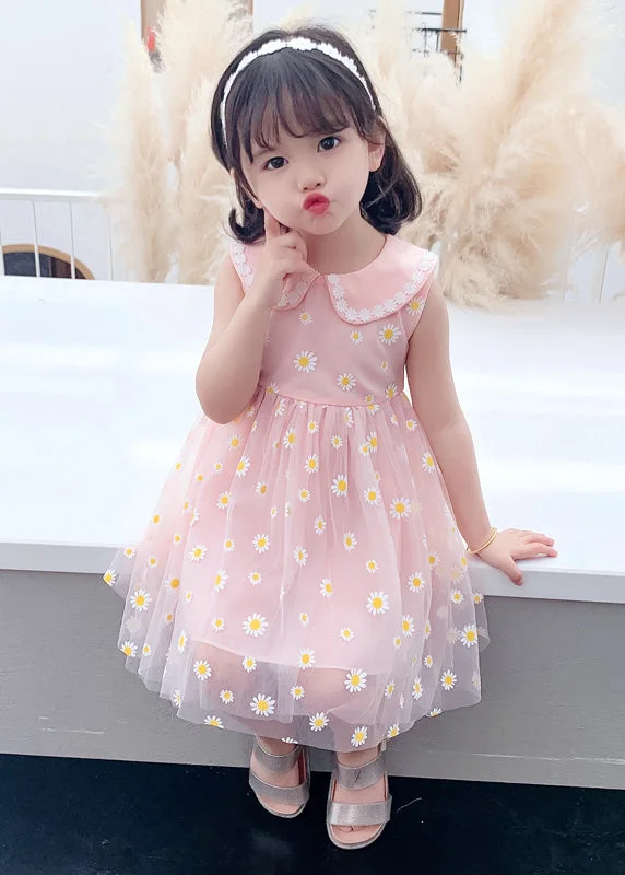 casual dressPink Peter Pan Collar Tulle Girls Maxi Dress Summer