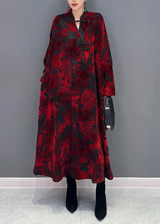 cocktail party dressVintage Red Stand Collar Print Patchwork Loose Velour Dresses Fall