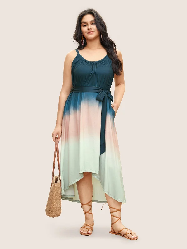 cocktail dressTie Dye Belted Gathered Asymmetrical Hem Dress