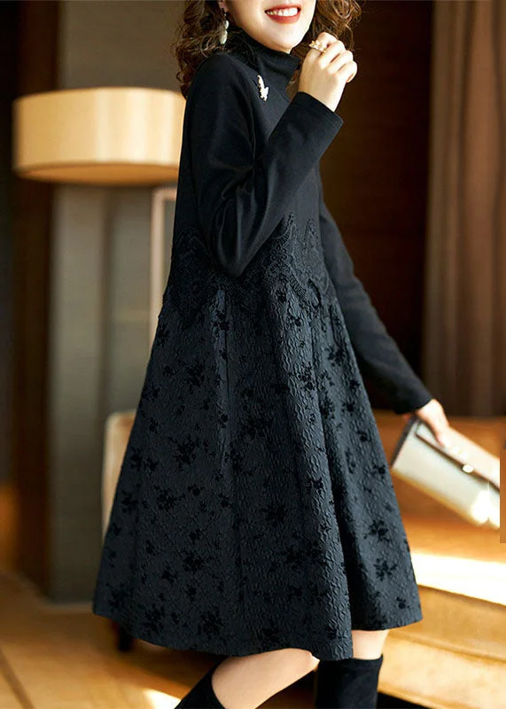 playful dressVogue Black Turtleneck Lace Patchwork Maxi Dress Fall