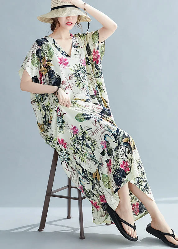 chic dressBoho V Neck Print Cozy Maxi Dress Short Sleeve