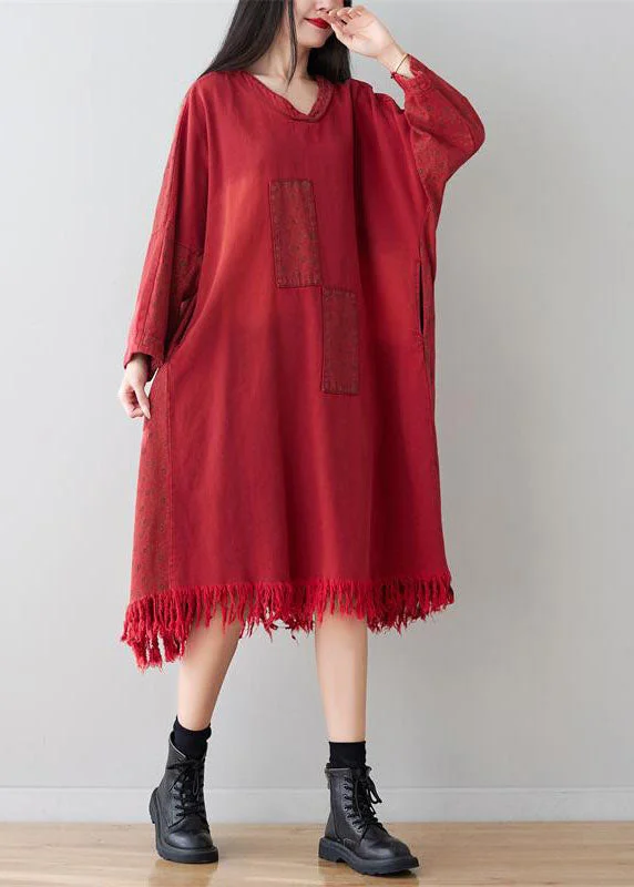 shift dressCasual Red V Neck Tassel Cotton Loose Dress Spring