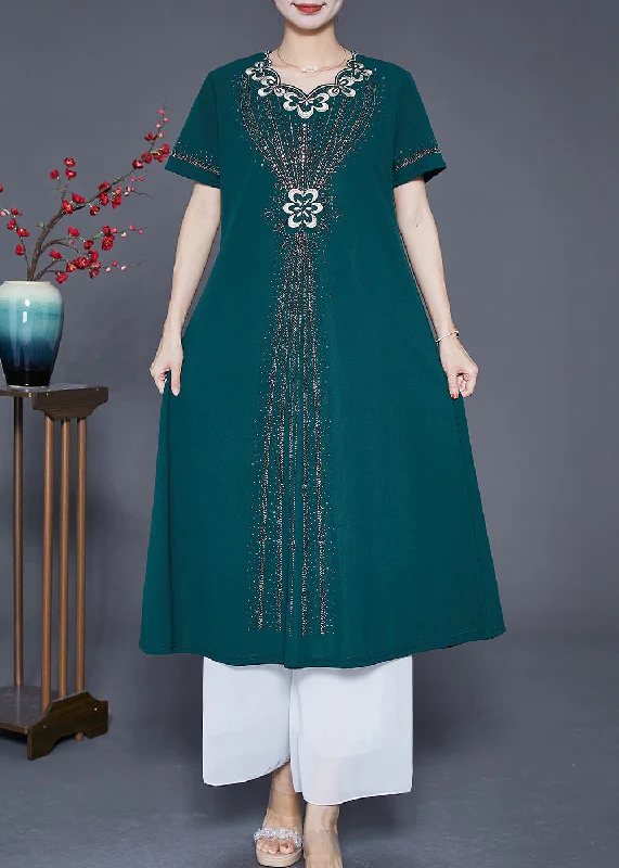 mini dressFashion Blackish Green Embroideried Zircon Chiffon Maxi Dresses Summer