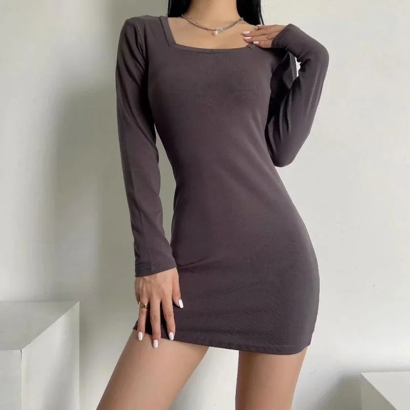 fitted bodycon dressJulia Fashion - Women's Square Collar Long Sleeve Mini Party Drsses