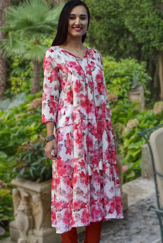 cocktail dressAira Printed Pure Soft Cotton Tiered Long Tunic Kurta Dress: Regular and Plus Sizes, Made to Order/Customizable