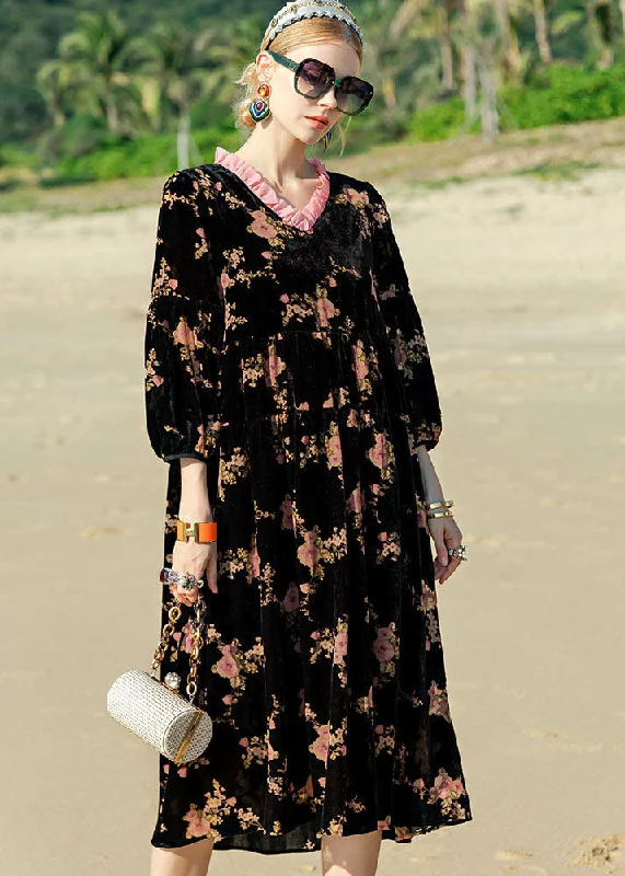 casual day dressUnique Black O-Neck Print Patchwork Silk Velour Maxi Dress Long Sleeve