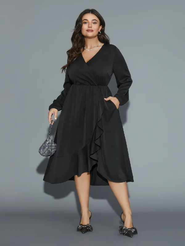 trendy wrap dressPlain Overlap Collar Ruffle Trim Dress