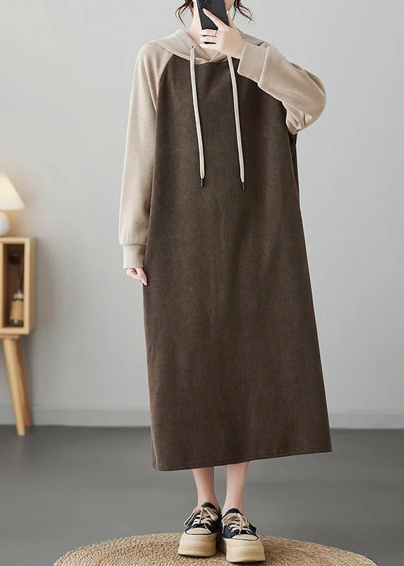 one-shoulder dressOversized Trendy Coffee Patchwork Long Hooded Dresses Winter