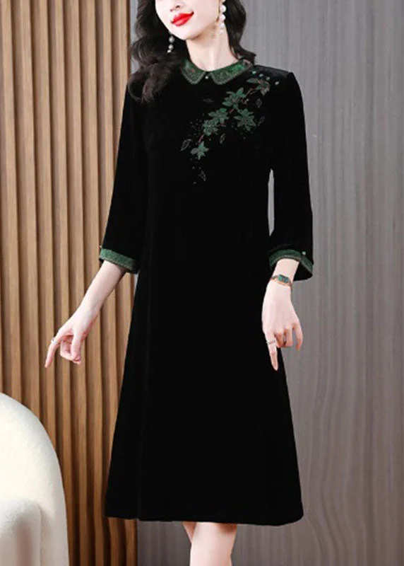 romantic dressVintage Green Peter Pan Collar Embroidered Silk Velour Long Dress Long Sleeve