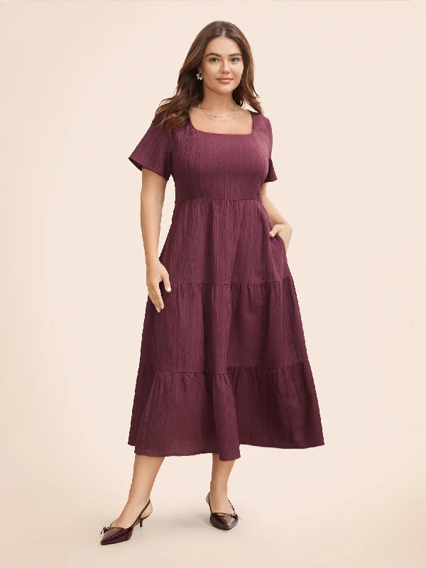 minimalistic dressSquare Neck Texture Ruffle Layered Hem Dress