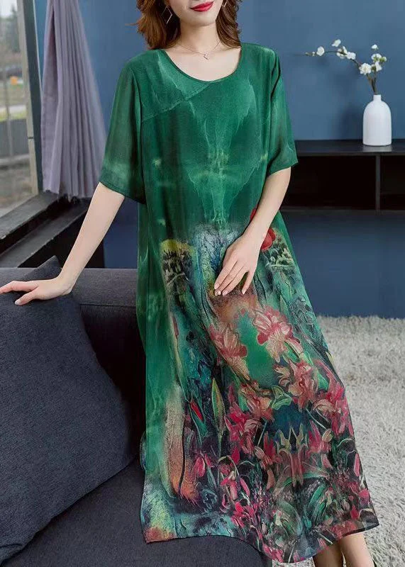 relaxed fit dressWomen Green O Neck Print Patchwork Chiffon Dress Summer