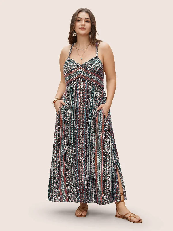 casual day dressBoho Print Elastic Waist Split Hem Cami Dress