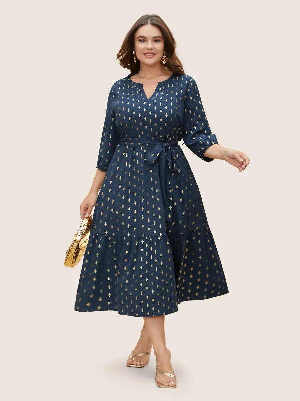 classic fit-and-flare dressGlitter Notched Lantern Sleeve Midi Dress