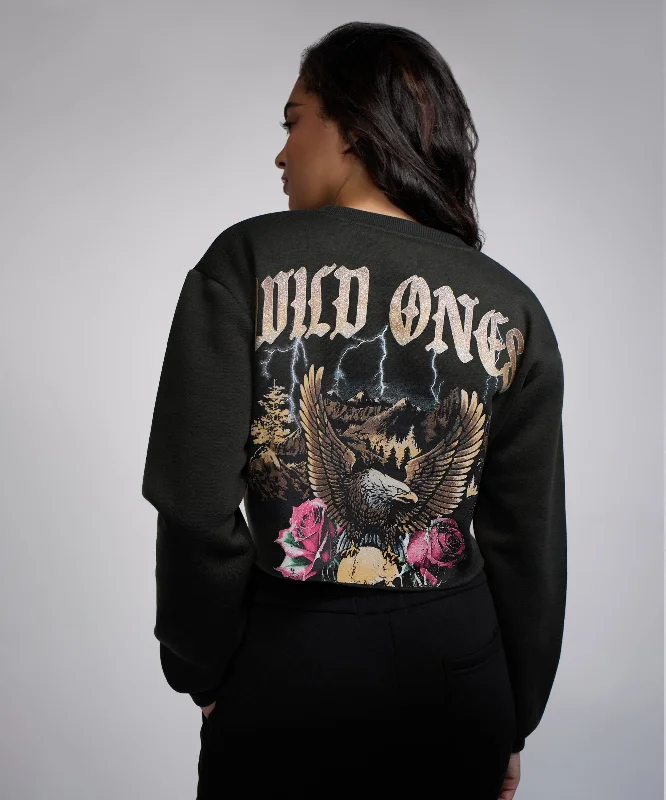 zippered hoodieWomen Wild One Cropped Crewneck - Black