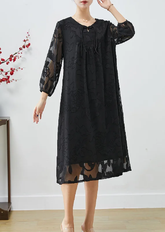 casual knit dressFrench Black Chinese Button Hollow Out Silk Dresses Fall