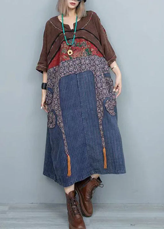 sophisticated dressVintage Colorblock Print Patchwork Denim Maxi Dresses Long Sleeve