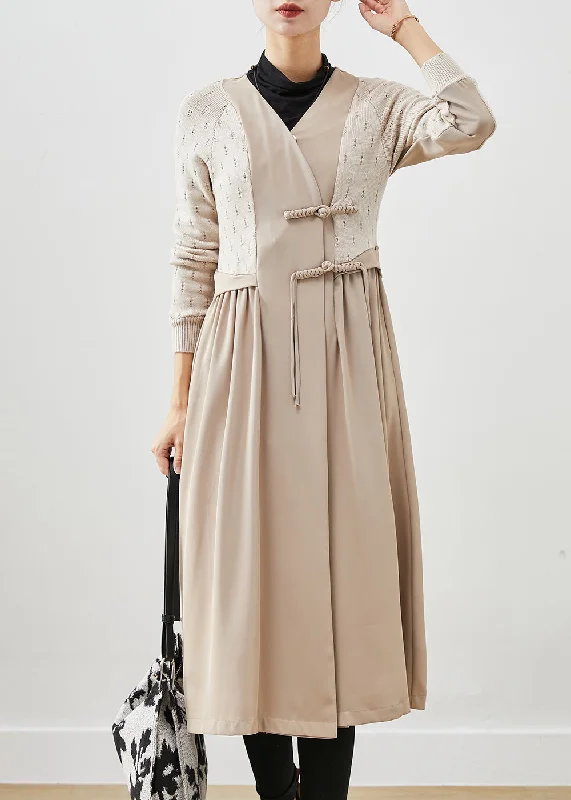 summer dressClassy Beige Chinese Button Knit Patchwork Cotton Long Dress Fall