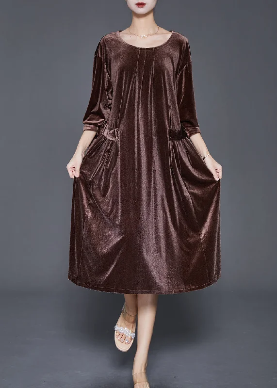 long sleeve dressChocolate Silk Velour Mid Dresses Oversized Pockets Fall