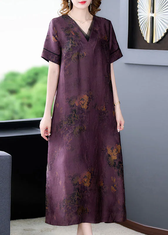 lace-up dressFine Purple V Neck Print Patchwork Silk Long Dresses Summer