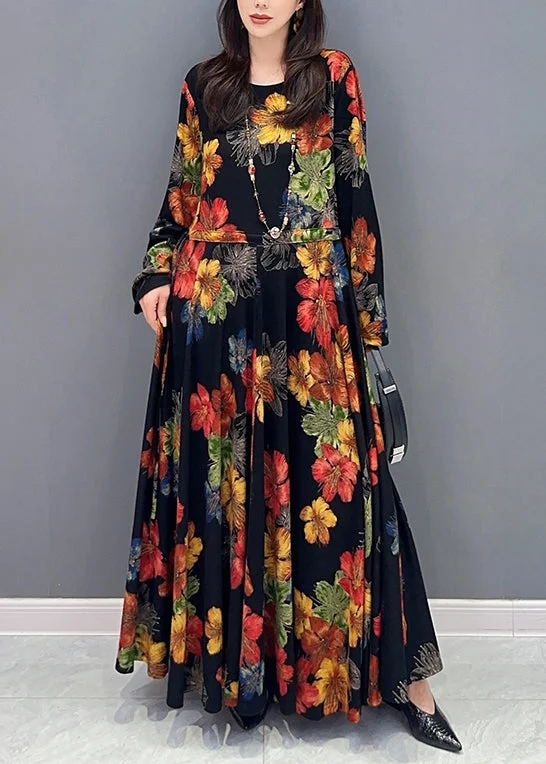 oversized dressBeautiful Colorblock Print Wrinkled Patchwork Cotton Long Dress Fall