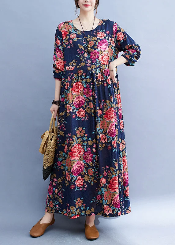 structured dressLoose Navy O-NeckPatchwork Print Cotton Party Long Dress Short Sleeve