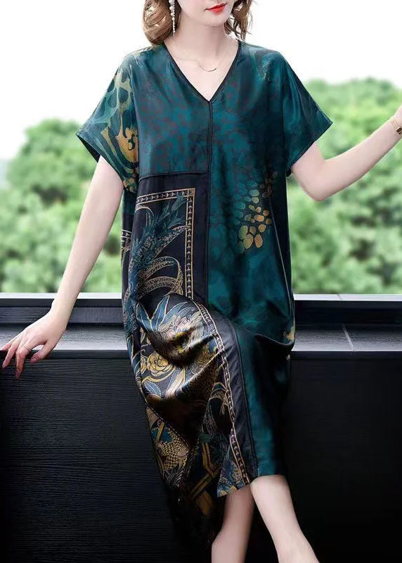 chic wrap dressPlus Size Green V Neck Print Patchwork Silk Dress Summer