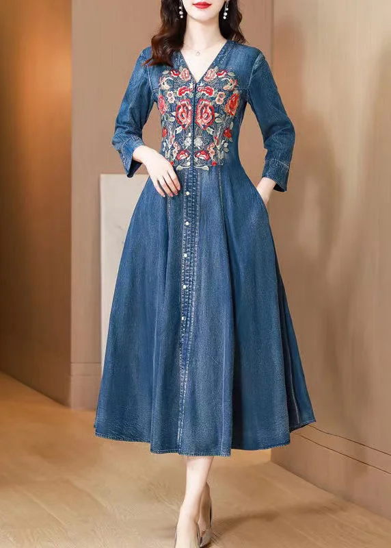 midi dressNatural Blue V Neck Embroidered Patchwork Denim Dress Long Sleeve