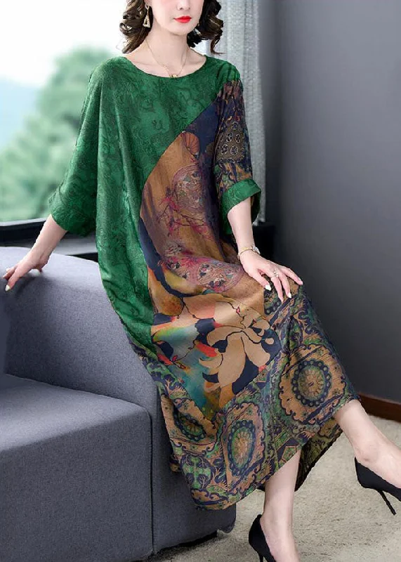 high-waisted dressHandmade Green O Neck Print Patchwork Silk Long Dress Summer