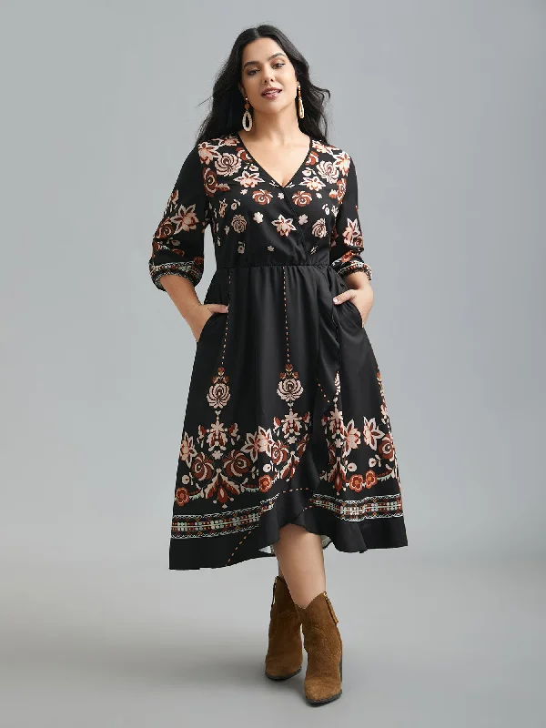 oversized dressFloral Print Wrap Ruffled Hem Dress