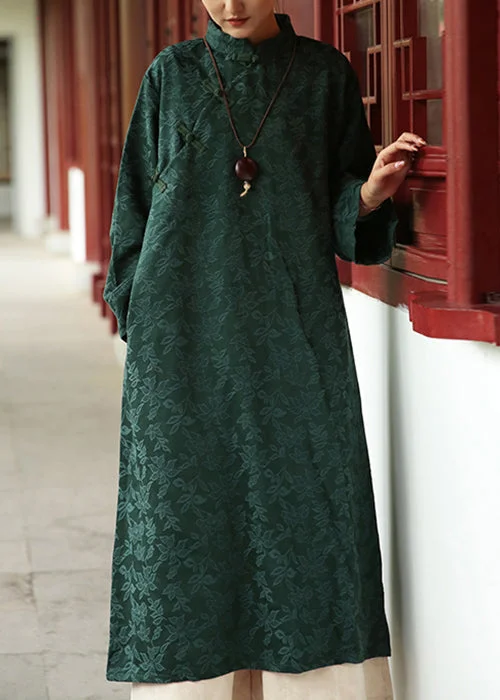 floral midi dressJacquard Blackish Green Stand Collar Pockets Cotton Long Dresses Fall