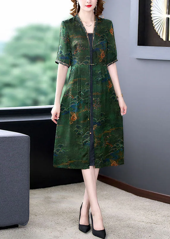 minimalistic dressClassy Green V Neck Print Wrinkled Patchwork Silk Dresses Summer