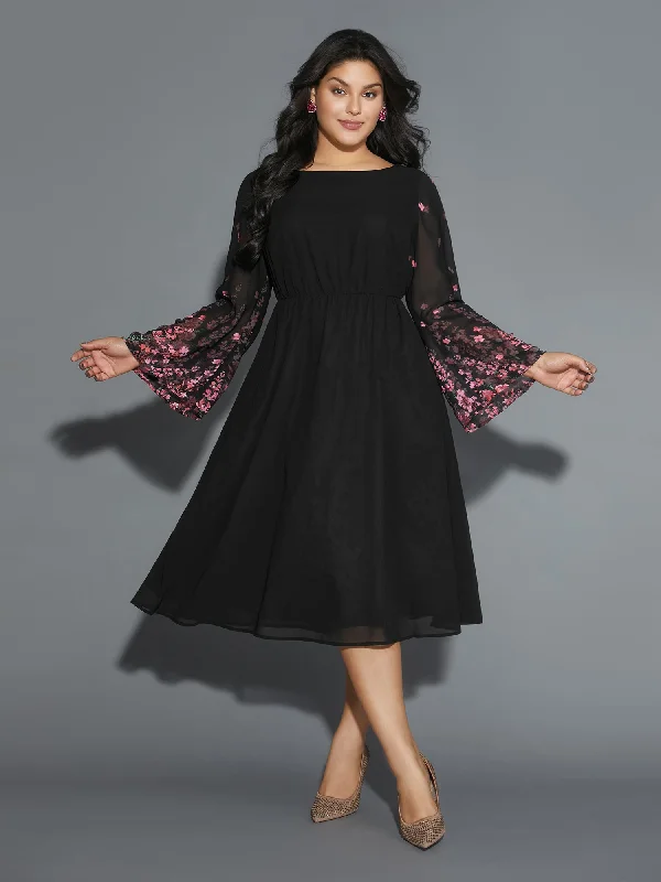 boho dressFloral Mesh Bell Sleeve Boat Neck Dress