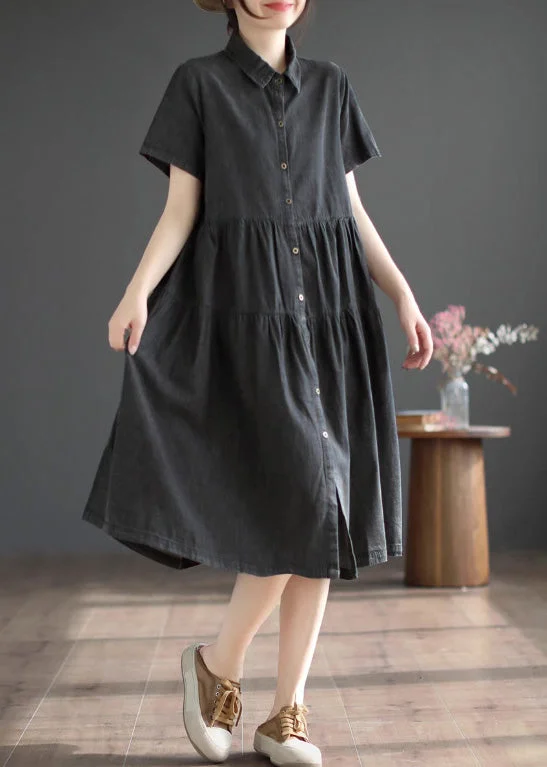 casual evening dressBlack Peter Pan Collar Button Silk Denim Maxi Shirt Dresses Short Sleeve