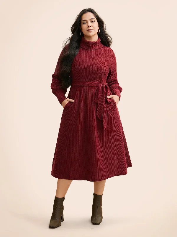 casual shift dressTurtleneck Belted High Stretch Knit Dress