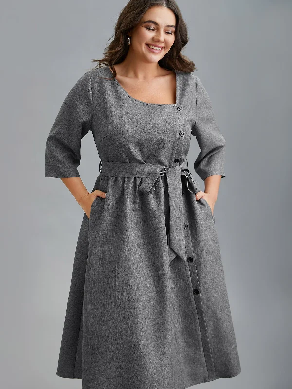 winter dressAsymmetrical Neckline Belted Pockets Midi Dress