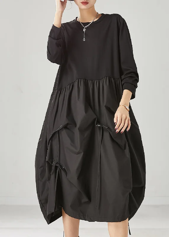 textured dressClassy Black Asymmetrical Patchwork Wrinkled Cotton Robe Dresses Spring