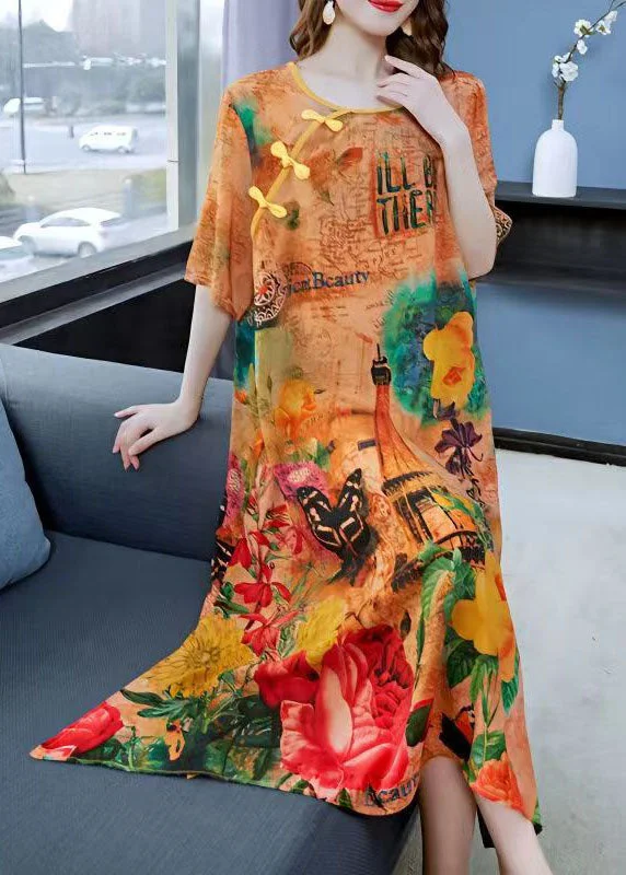 high-waisted dressWomen Yellow Print Chinese Button Patchwork Silk Dress Summer