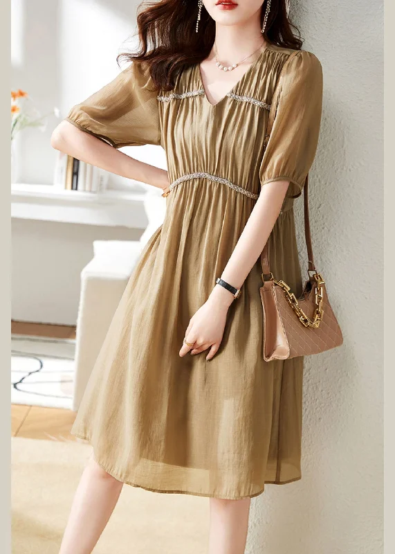 floral dressStylish Khaki V Neck Patchwork Wrinkled Chiffon Maxi Dress Short Sleeve