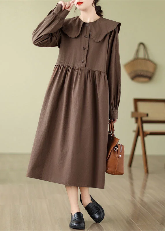 A-line dressBoho Coffee Wrinkled Button Long Dress Long Sleeve