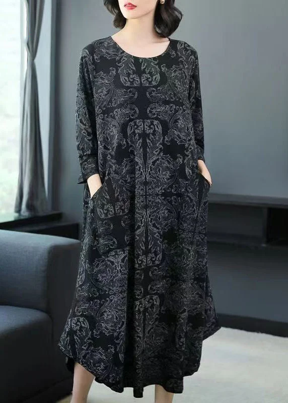 elegant dressLoose Black O Neck Print Pockets Cotton Long Dresses Spring