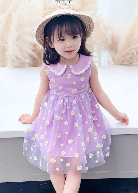 chic wrap dressChic Purple Floral Wrinkled Tulle Kids Party Long Dress Sleeveless